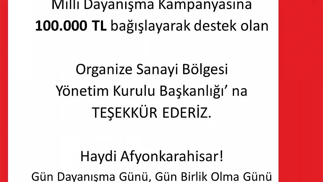 “Milli Dayanışma Kampanya”sına OSB’den destek