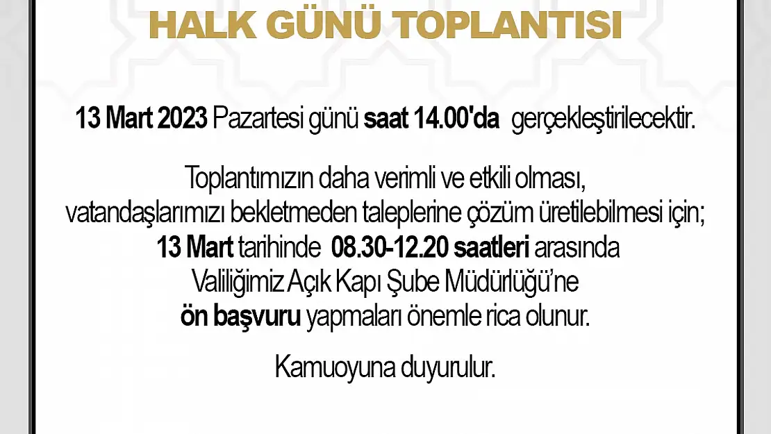 Vali Halk Günü toplantısı yapacak