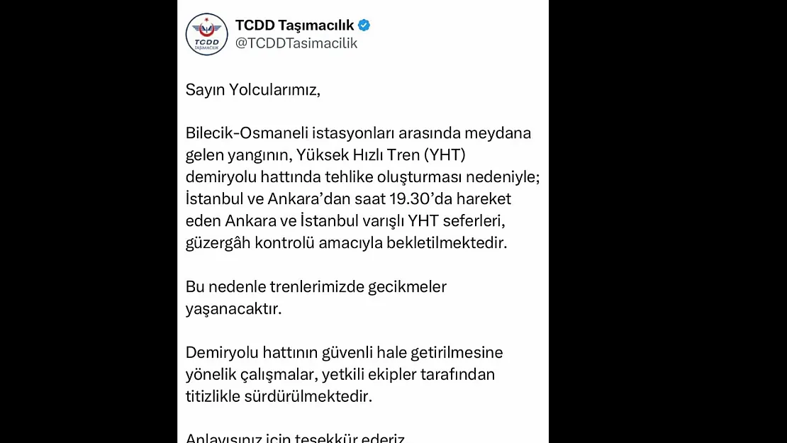 Bllecik'teki Orman Yangını Hızlı Tren Seferlerini Olumsuz Etkiledi