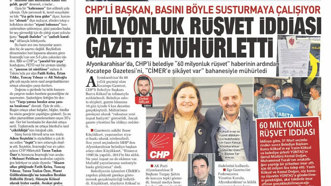 CHP'li Belediye'nin Kocatepe Gazetesine Keyfi Zulmü Ulusal Basında da Yankı Buldu