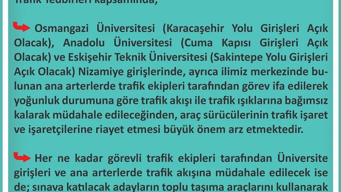 İl Emniyet Müdürlüğü KPSS Sınavı Trafik Tedbirleri Kapsamında Duyuru Paylaştı