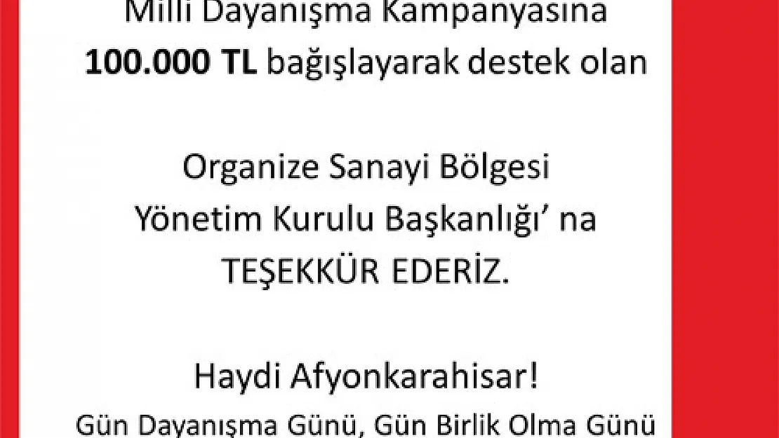 “Milli Dayanışma Kampanya”sına OSB’den destek