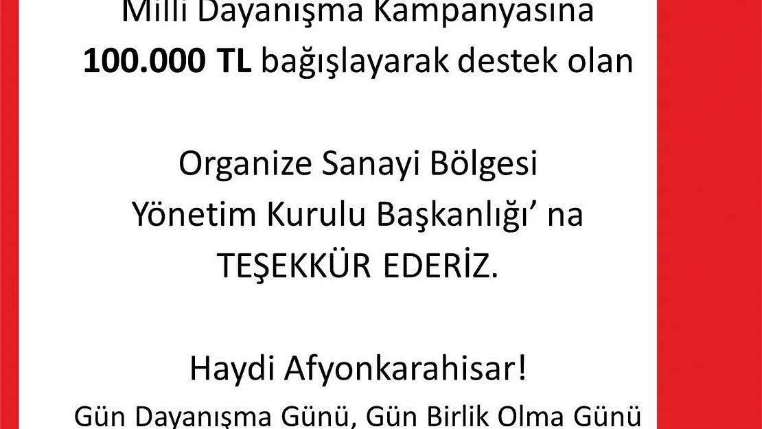 “Milli Dayanışma Kampanya”sına OSB’den destek