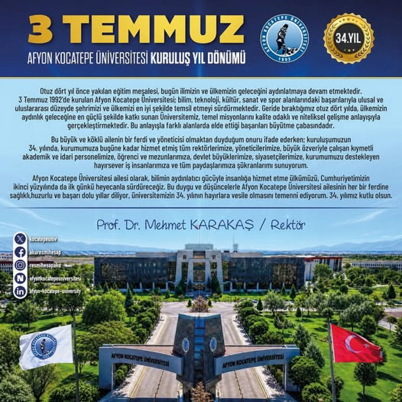 AKÜ, 34 Yaşında… Rektör Karakaş'tan Çok Özel Teşekkür