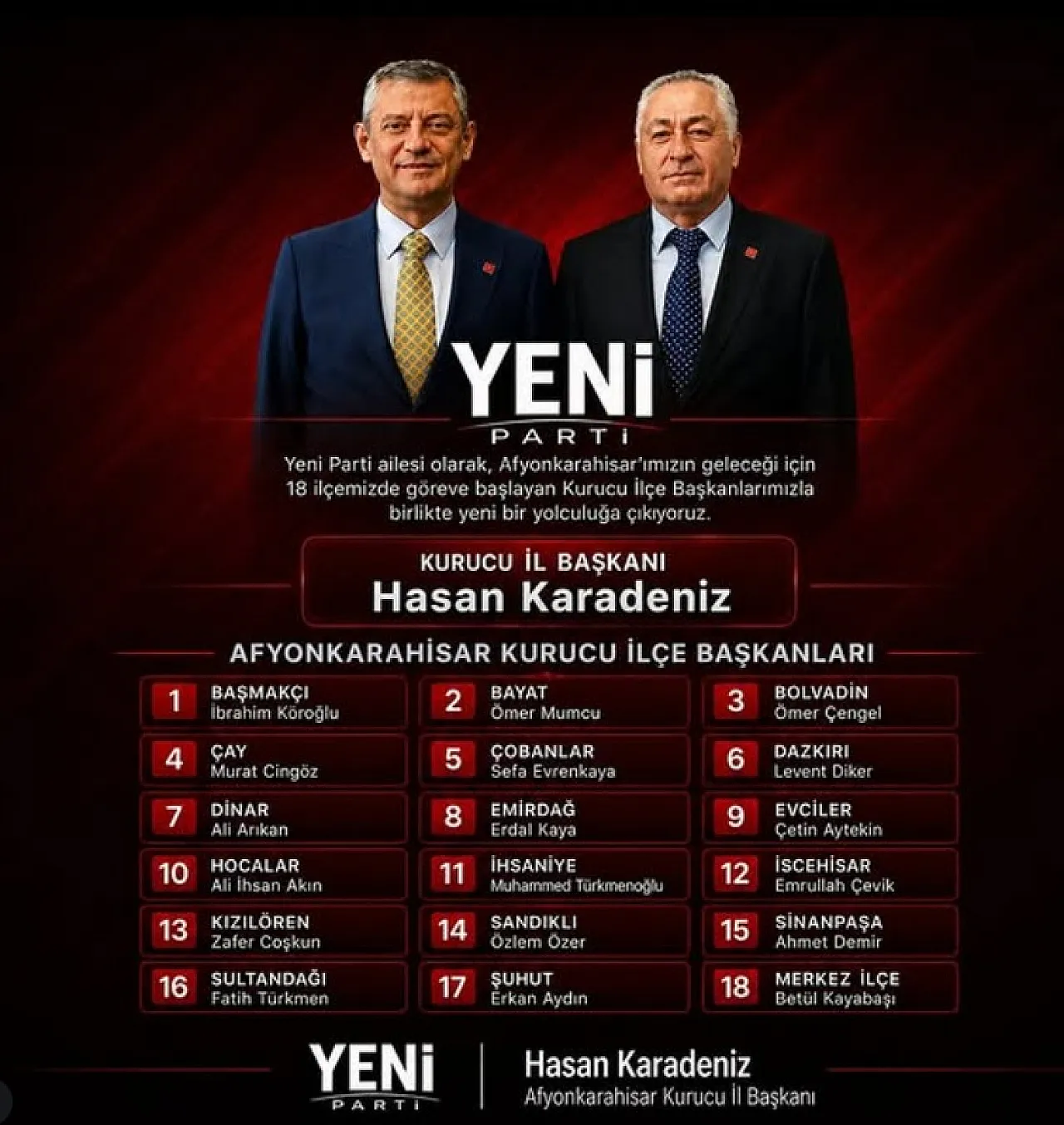 Yeni Parti Afyonkarahisar Kurucu Başkanları Belirlendi
