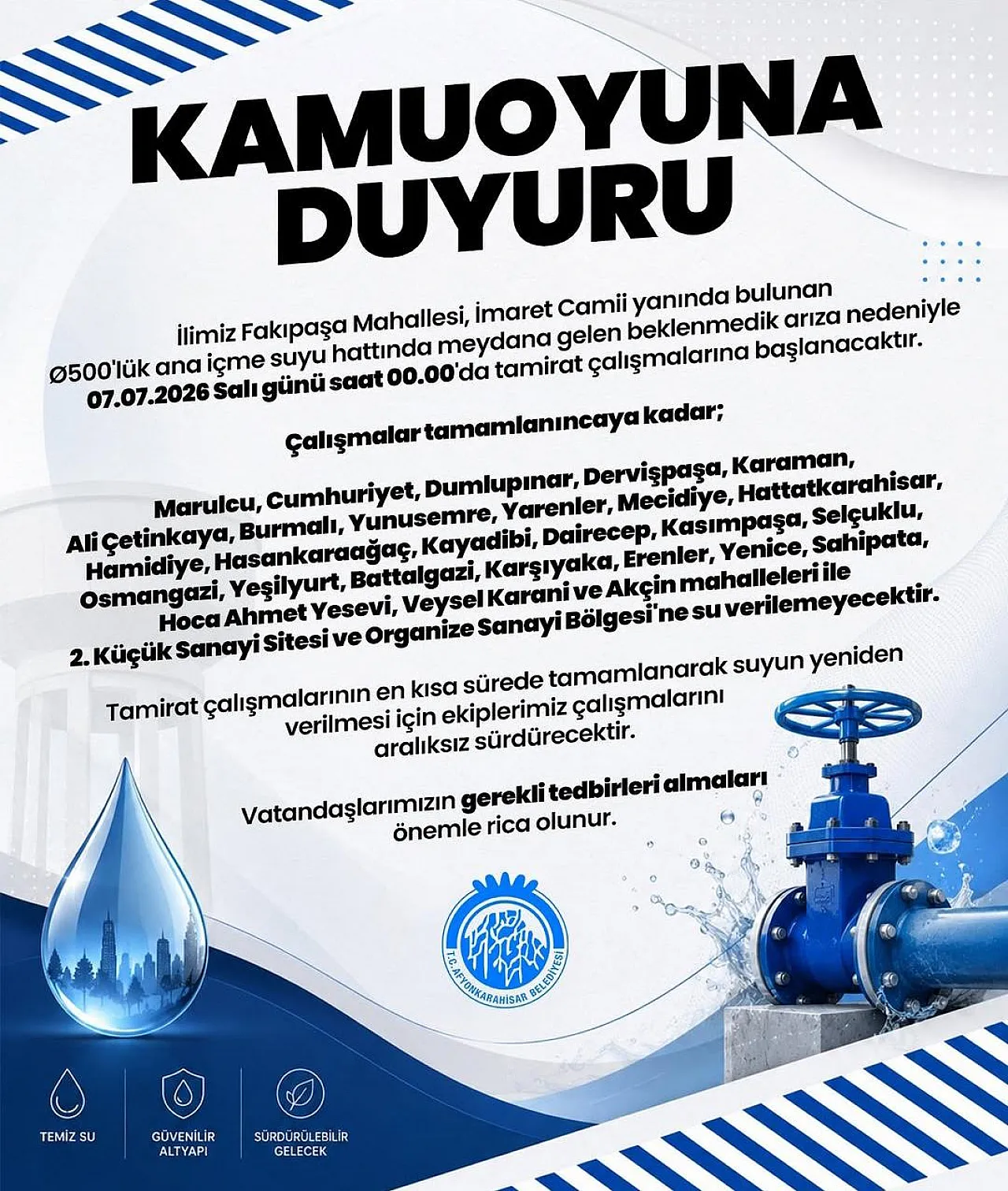 Afyon'da Su Kesintisi: İşte Susuz Kalacak Mahallelerin Tam Listesi