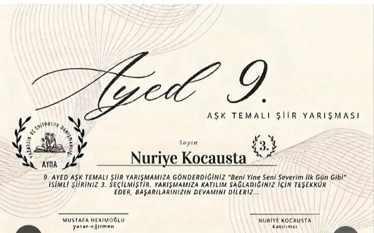 Afyonkarahisarlı Şair Nuriye Kocausta Türkiye Üçüncüsü Oldu