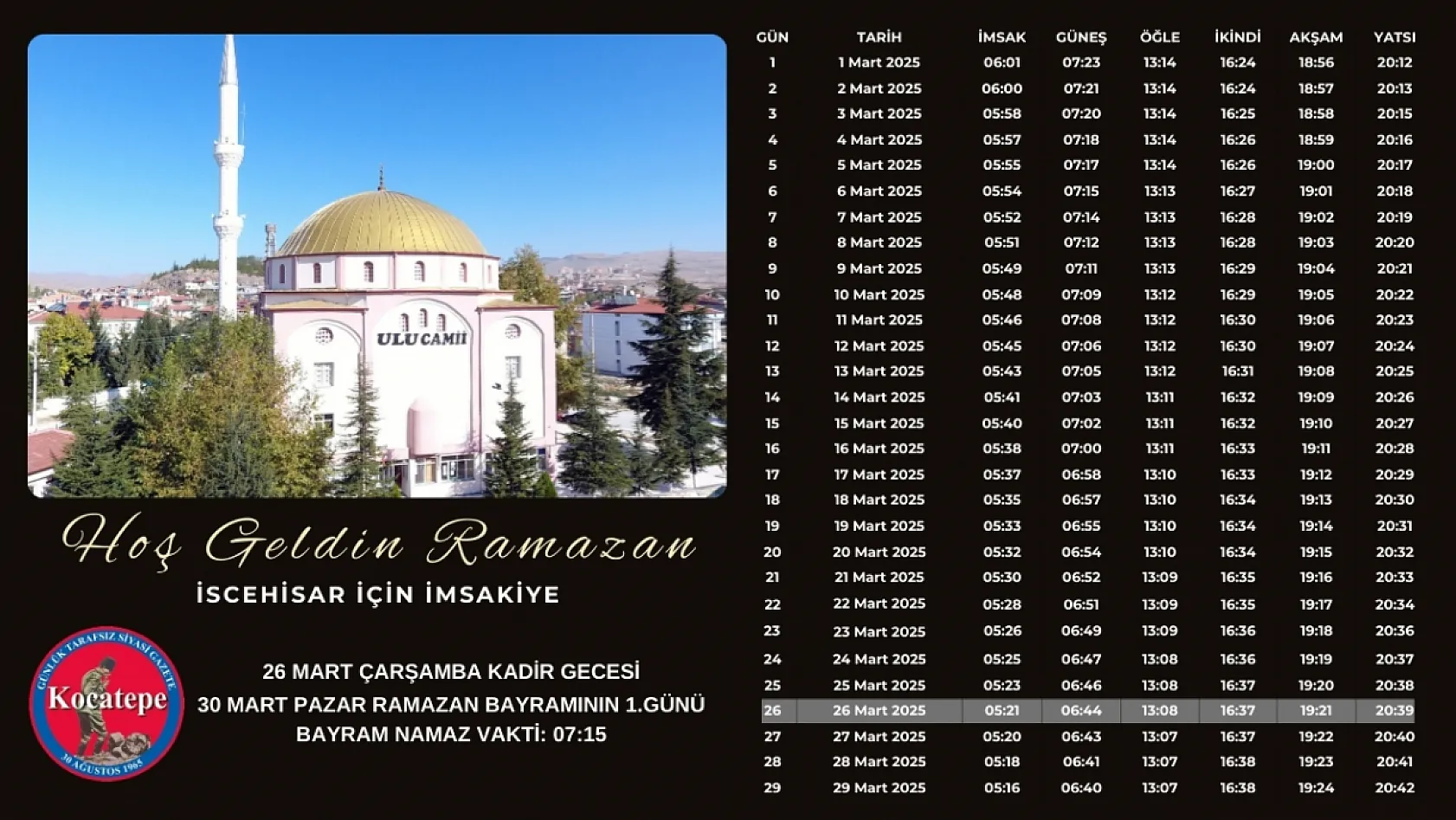 Afyon İl Ve İlçelerinin İmsakiyelerini Sizler İçin Hazırladık