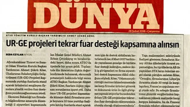 ATSO'nun önerisi Dünya Gazetesi'nde – Kocatepe Gazetesi