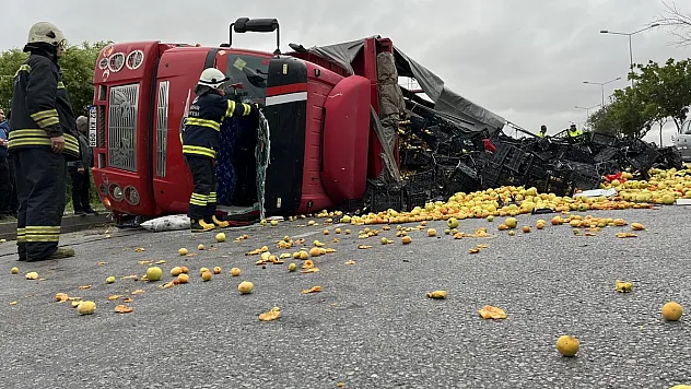 Eskişehir'de meyve yüklü kamyon yan yattı, meyveler etrafa saçıldı