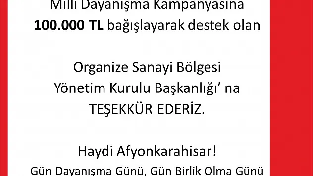“Milli Dayanışma Kampanya”sına OSB’den destek