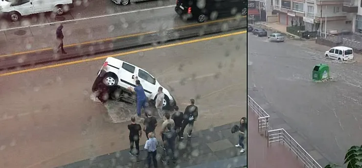 Sağanak Hayatı Felç Etti: Yol Çöktü, Araç Çukura Düştü, İş Yerlerini Su Bastı