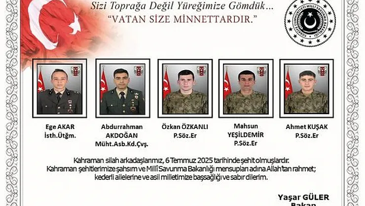 Acımız Büyük. 5 Askerimiz Şehit Oldu