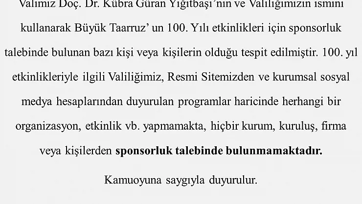 Afyon Valiliği’nden sponsor uyarısı