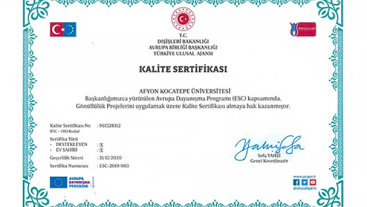 AKÜ, AB Başkanlığı’ndan kalite sertifikası aldı