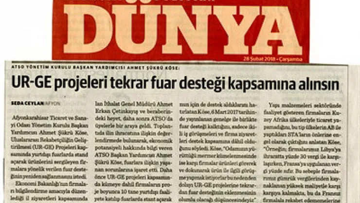 ATSO'nun önerisi Dünya Gazetesi'nde – Kocatepe Gazetesi