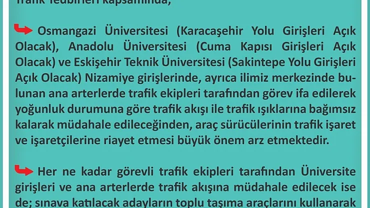 İl Emniyet Müdürlüğü KPSS Sınavı Trafik Tedbirleri Kapsamında Duyuru Paylaştı