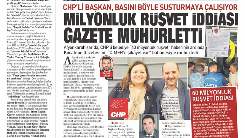 CHP'li Belediye'nin Kocatepe Gazetesine Keyfi Zulmü Ulusal Basında da Yankı Buldu